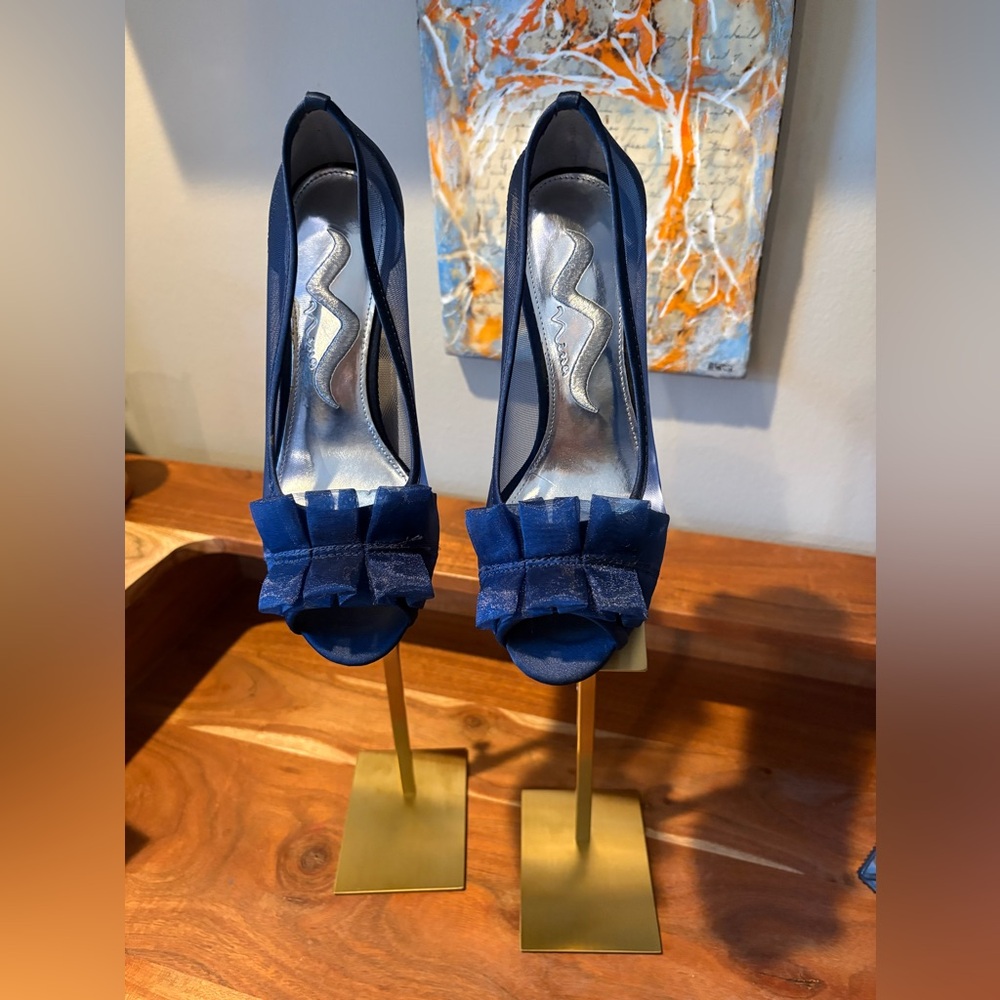 Nina‎ Romantic Navy Satin Bow Heels Peep Toe Formal Wedding Guest Pumps Size 6
